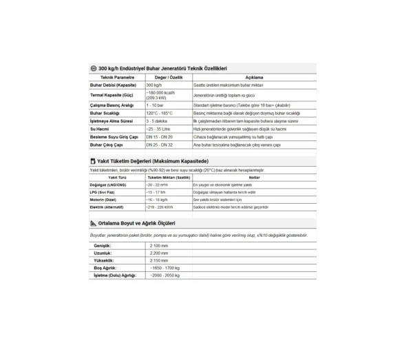 300 kg/h endüstriyel hızlı buhar jeneratörü teknik veri sayfası (datasheet), hızlı buhar jeneratörü, endüstriyel buhar jeneratörü, hızlı buhar üreteci, endüstriyel buhar üreteci