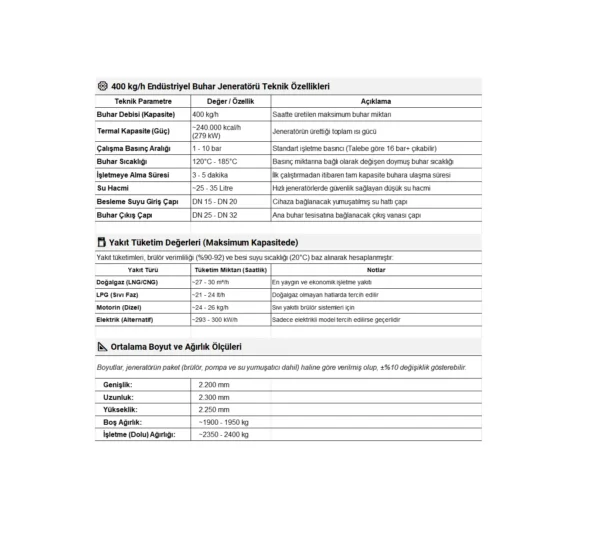 400 kg/h endüstriyel buhar jeneratörü teknik veri sayfası (datasheet), hızlı buhar jeneratörü, endüstriyel buhar jeneratörü, hızlı buhar üreteci, endüstriyel buhar üreteci