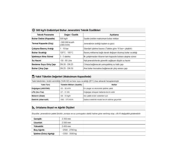 500 kg/h endüstriyel buhar jeneratörü teknik veri sayfası (datasheet), hızlı buhar jeneratörü, endüstriyel buhar jeneratörü, hızlı buhar üreteci, endüstriyel buhar üreteci
