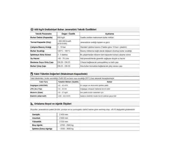 600 kg/h endüstriyel buhar jeneratörü teknik veri sayfası (datasheet), hızlı buhar jeneratörü, endüstriyel buhar jeneratörü, hızlı buhar üreteci, endüstriyel buhar üreteci