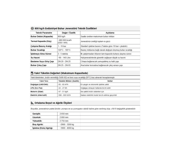 800 kg/h endüstriyel buhar jeneratörü teknik veri sayfası (datasheet), hızlı buhar jeneratörü, endüstriyel buhar jeneratörü, hızlı buhar üreteci, endüstriyel buhar üreteci